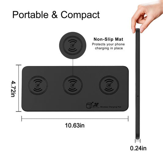 3-in-1 Wireless Charger Pad, 15W Max Inductive Charging Station for Apple iPhone 16/15/14/13/12/Pro/Max Qi Triple Wireless Charger for AirPods, Black (With Adapter)