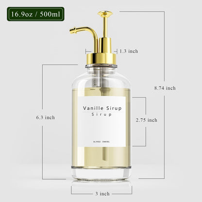 Coffee syrup dispenser for coffee bar accessories, coffee syrup pump dispenser, glass syrup bottle with gold pumps and 42 labels, 16.9 oz 500 ml