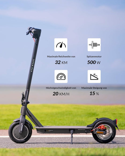 Street-legal E scooter, 10-inch, max 32km range 20km/h, comfortable suspension, electric scooter up to 120kg, turn signals, APP connectivity, dual braking system Adult E Roller