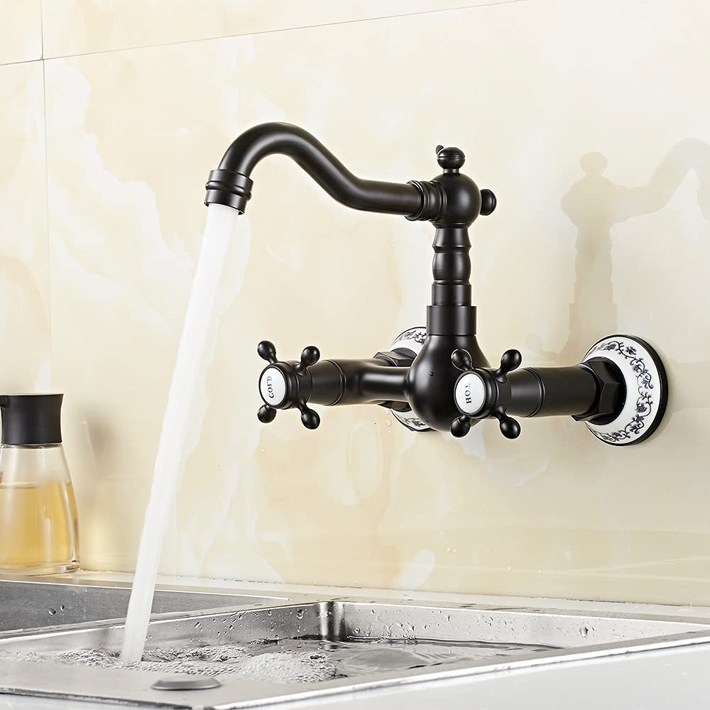 360° Rotatable Wall Mount Kitchen Faucet Brass Antique Wall Mounted Double Handle Sink Faucet Basin Faucet Water Tap Wall Bathroom Faucet Retro Basin Mixer for Kitchen (Black)