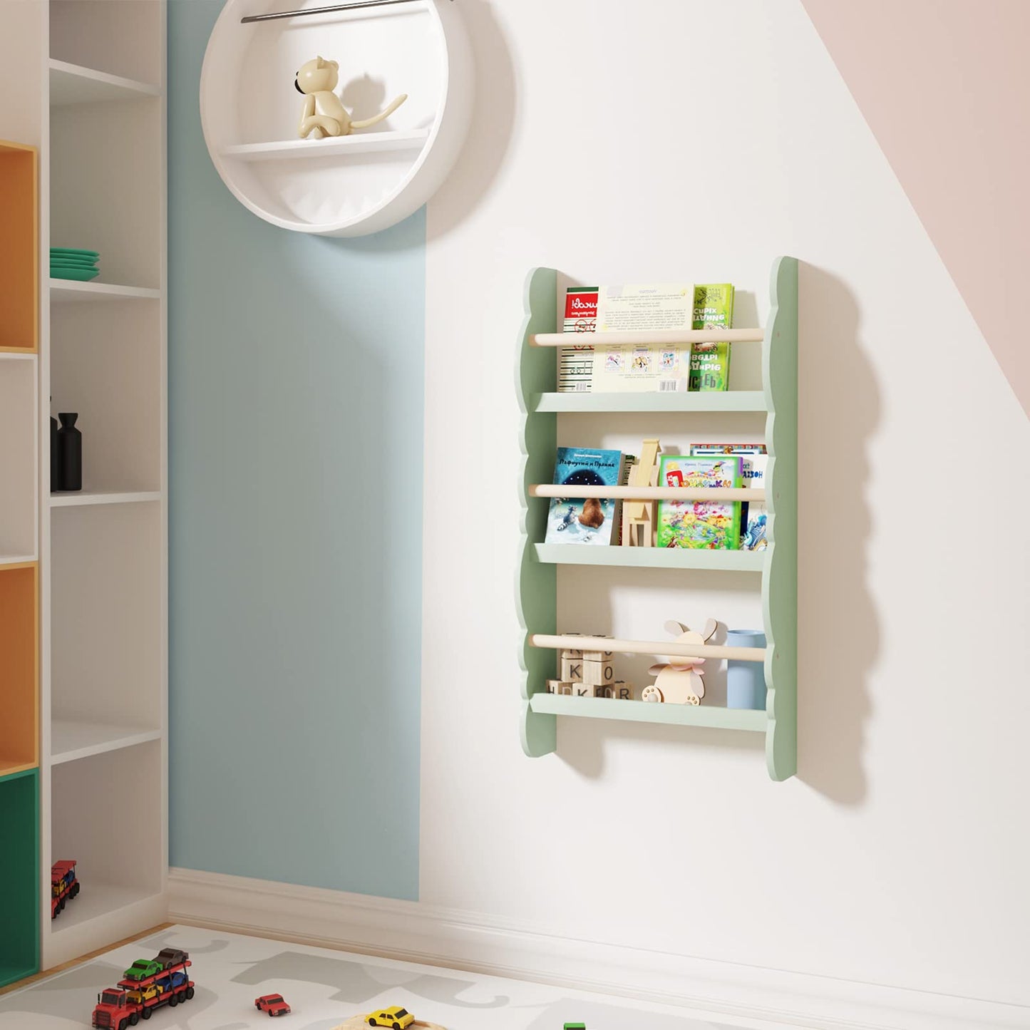 WOLTU Children's Bookshelf Wall, Book Organizer with 3 Shelves, Kids Shelf for Book Storage, Pine Wood E1 MDF Wall Shelf for Children's Room, Green