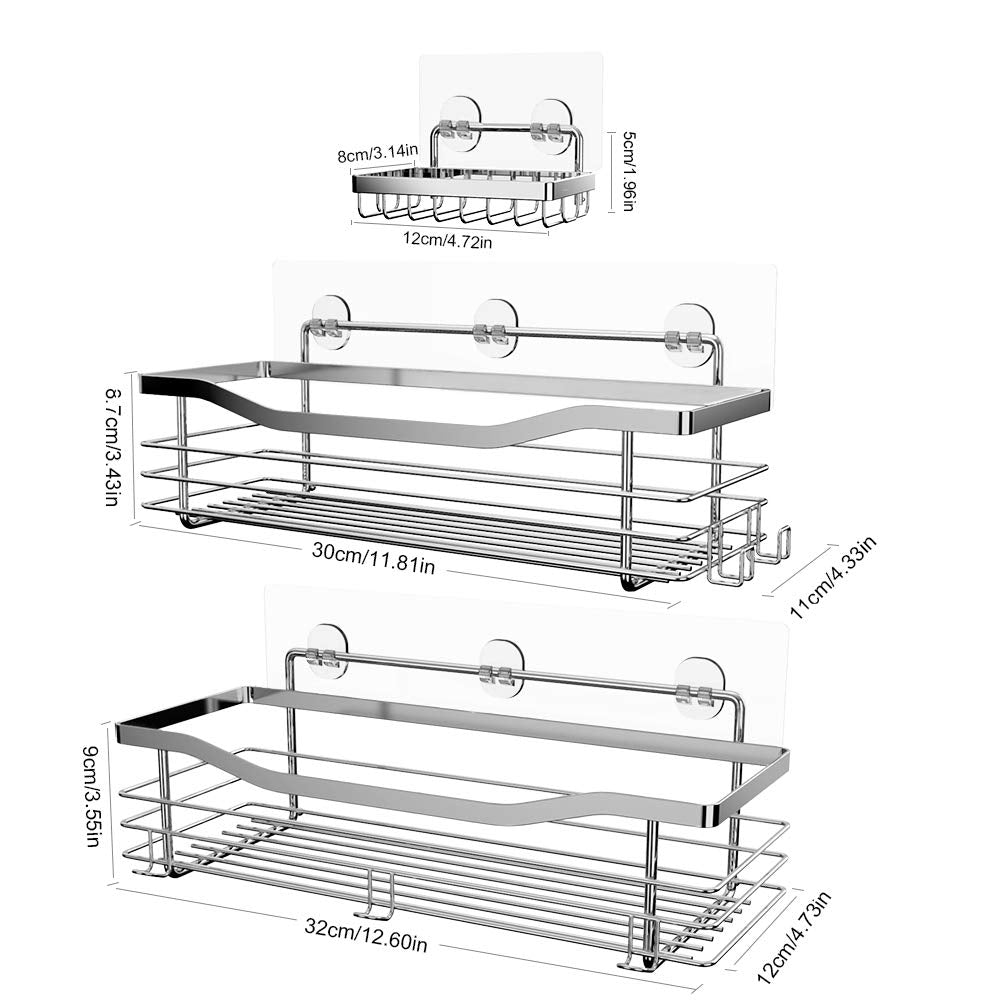 Orimade shower caddy without drilling with soap dish and 5 hooks - shower shelf for the shower bathroom, kitchen shelf organizer soap dish - adhesive shower caddy without drilling - stainless steel - 3 pack