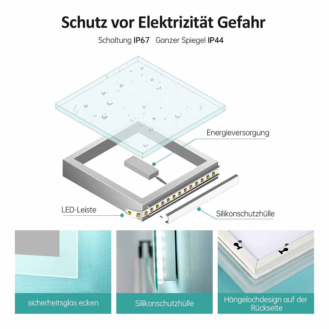 EMKE 50x70cm LED bathroom mirror with lighting, touch switch, and anti-fog feature. 6500K cool white light. Energy-efficient wall mirror for bathrooms.