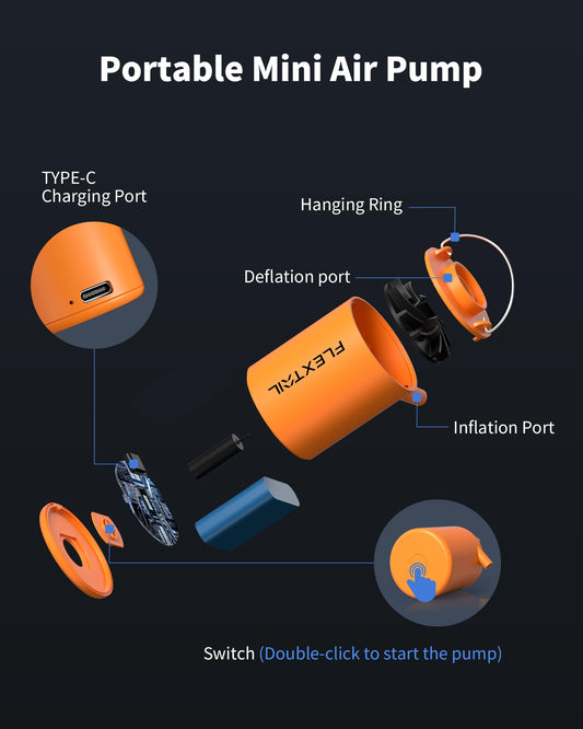 FLEXTAILGEAR Mini Pump, 4 kPa electric air pump for inflating/deflating air mattresses, rechargeable camping pump for air mattresses, swim rings, vacuum bags (Orange)