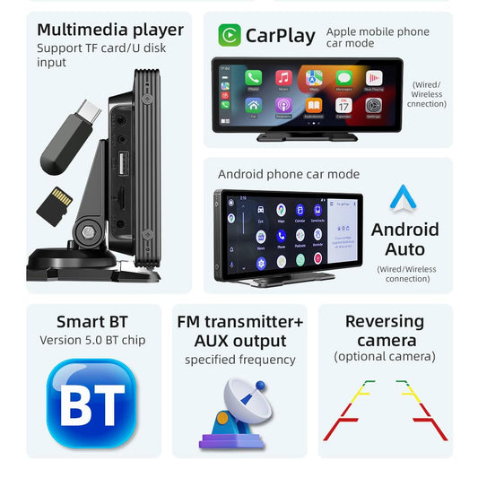 Sunweyer Portable Apple CarPlay Screen and Android Auto Wireless Display Head Unit, 9.3-inch HD IPS Touchscreen, supports 1080p backup camera, and Bluetooth/AUX/FM Transmitter.
