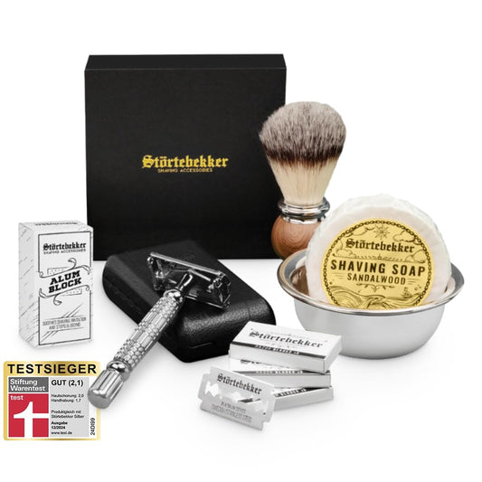Störtebekker® Premium safety razor set for men in handcrafted leather case - shaving kit with shaving brush, stainless steel shaving bowl, shaving soap, alum block, and razor blades - men's grooming set