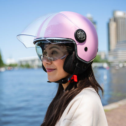 VINZ Parchi Jet Helmet with Double Visor | Scooter Helmet Fashion Helmet with Stripes | Available in sizes XS-XXL | Jet Helmet with Sun Visor | ECE 22.06 Certified | Motorcycle Helmet with Visor - Pink