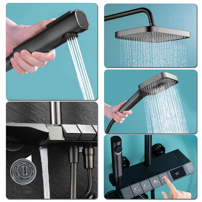 Black shower system, stainless steel shower set with shower faucet, rain shower with faucet and 3 spray modes shower head 86-120cm shower column shower set, 30x19 cm rain shower head, LED display shower set.