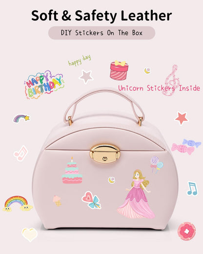 Vlando music box jewelry box for girls with drawers, girl gifts 7 8 years, jewelry storage for kids, ballerina leather jewelry box with canon melody, lockable.