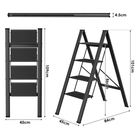 TLGREEN Aluminum Step Ladder 4-Step Foldable Ladder Non-Slip Step Ladder Household Ladder Multifunctional Step Stool Easy to Store up to 150kg Capacity for Kitchen Household Outdoor Office Black