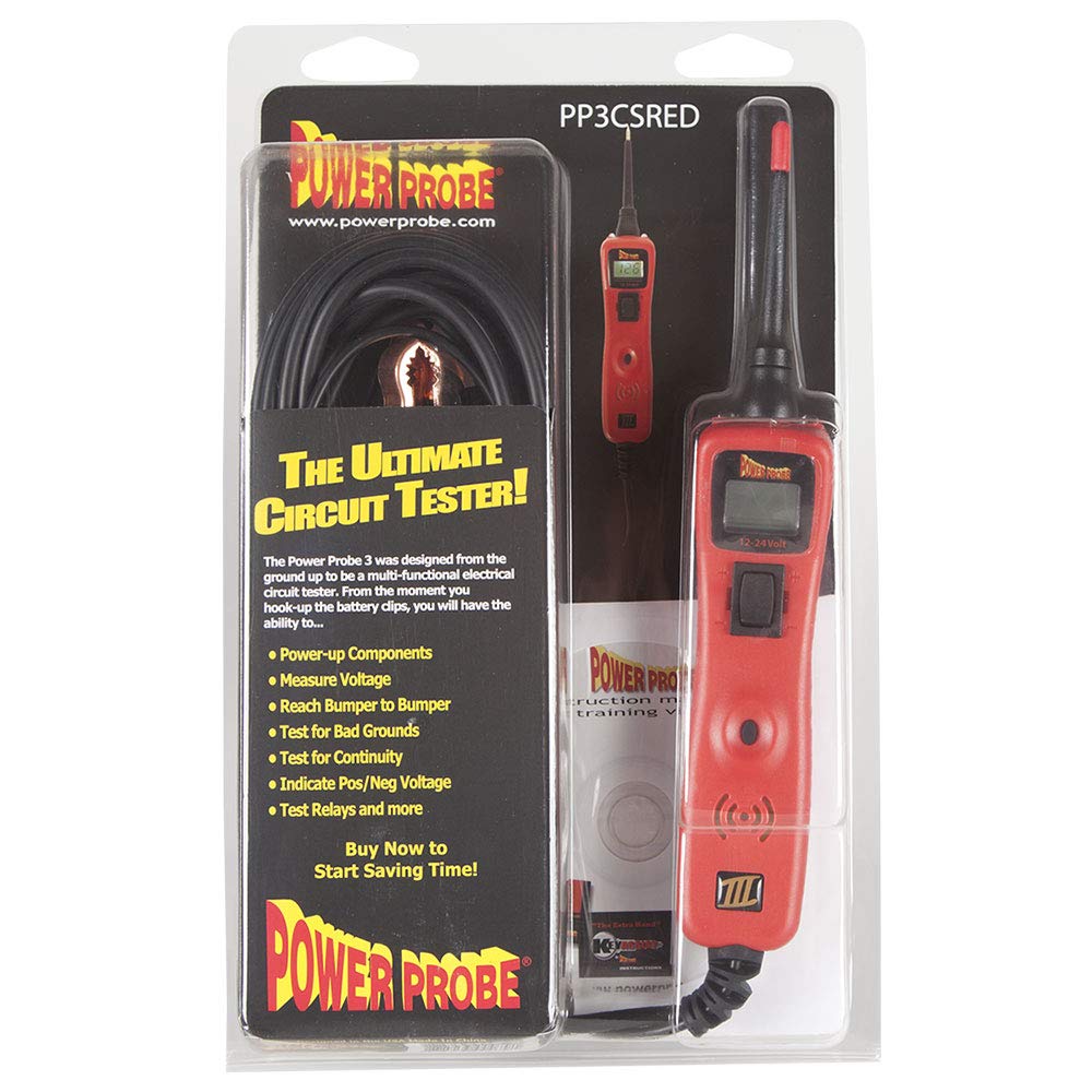 Power Probe 3 circuit tester for automotive electrical systems. A must-have tool for car mechanics and workshops. 12-24V digital multimeter. Activates components by providing power and ground. PP3CSRED.