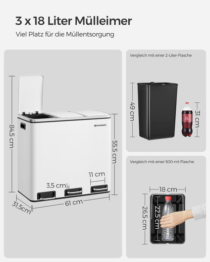 SONGMICS Kitchen Trash Can, 3 x 18 L, Waste Separation System with 3 Compartments, includes 15 trash bags, Trash Bin, Step Bin, for recyclable waste, organic waste, with lid, cloud white LTB54WT