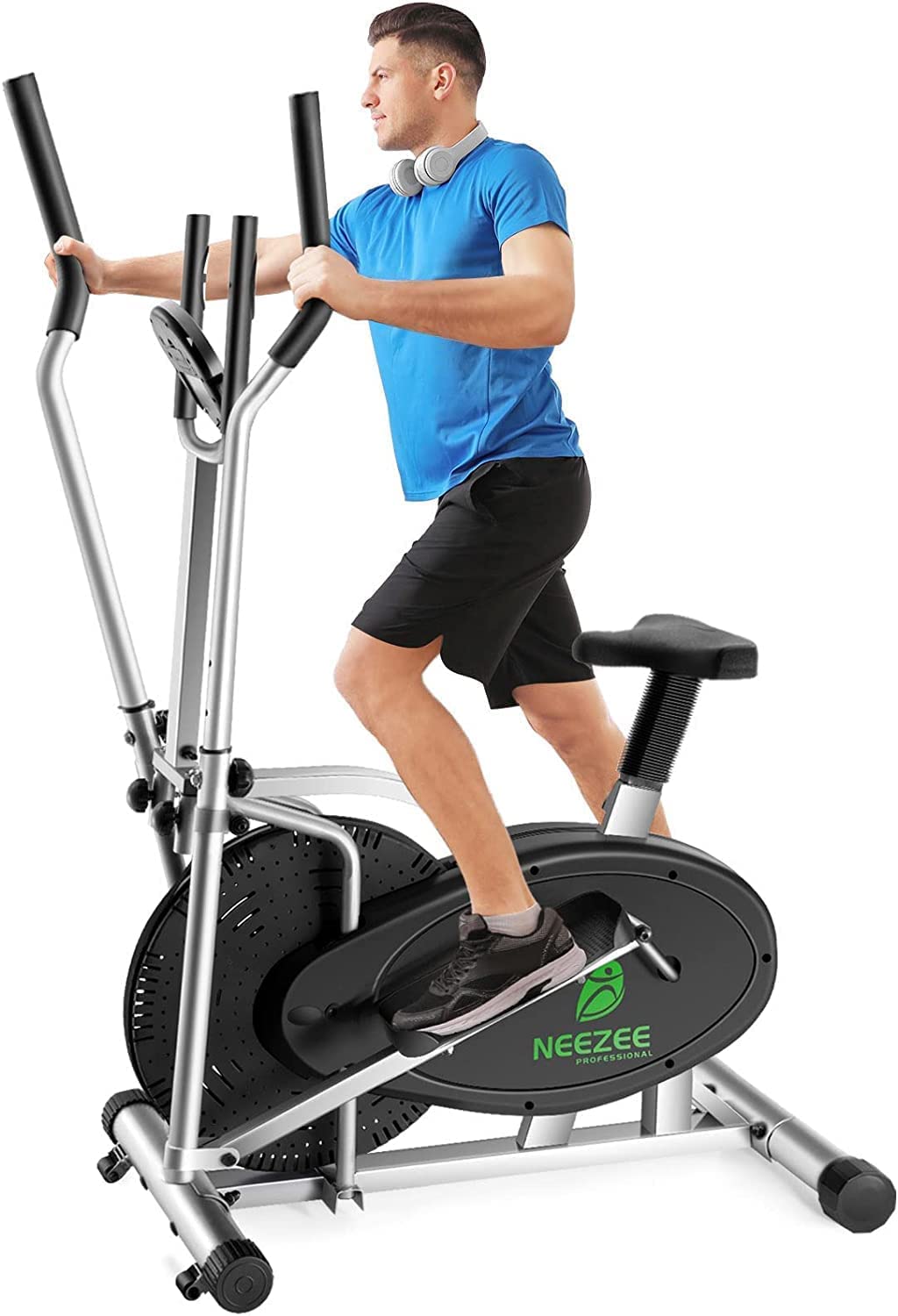 Home Cross Trainer Neezee Crosstrainer Pro 2-in-1 Elliptical Trainer with magnetic resistance, seat, smart LCD display, easy storage, transport wheels up to 120 kg (Silver)