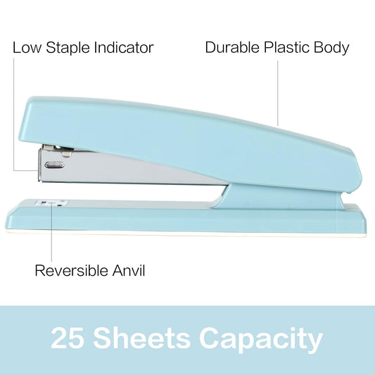 Deli desktop stapler, 2-pack, office stapler, 25-sheet capacity, includes 2000 staples and 2 staple removers, 2 pieces, blue.