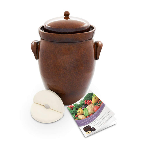 KERAZO garden pot 16 liters made of stoneware ceramic including lid + stone + instructions [Form 2] BROWN - Cucumber pot insert pot Rum pot Fermentation