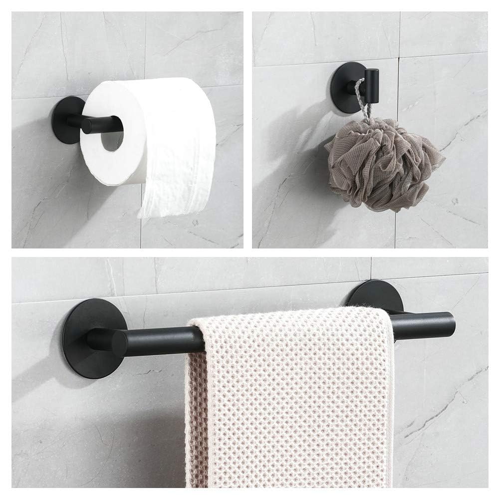 3-piece bathroom accessories set without drilling - matte black adhesive 30cm towel holder with toilet paper holder and towel hooks.