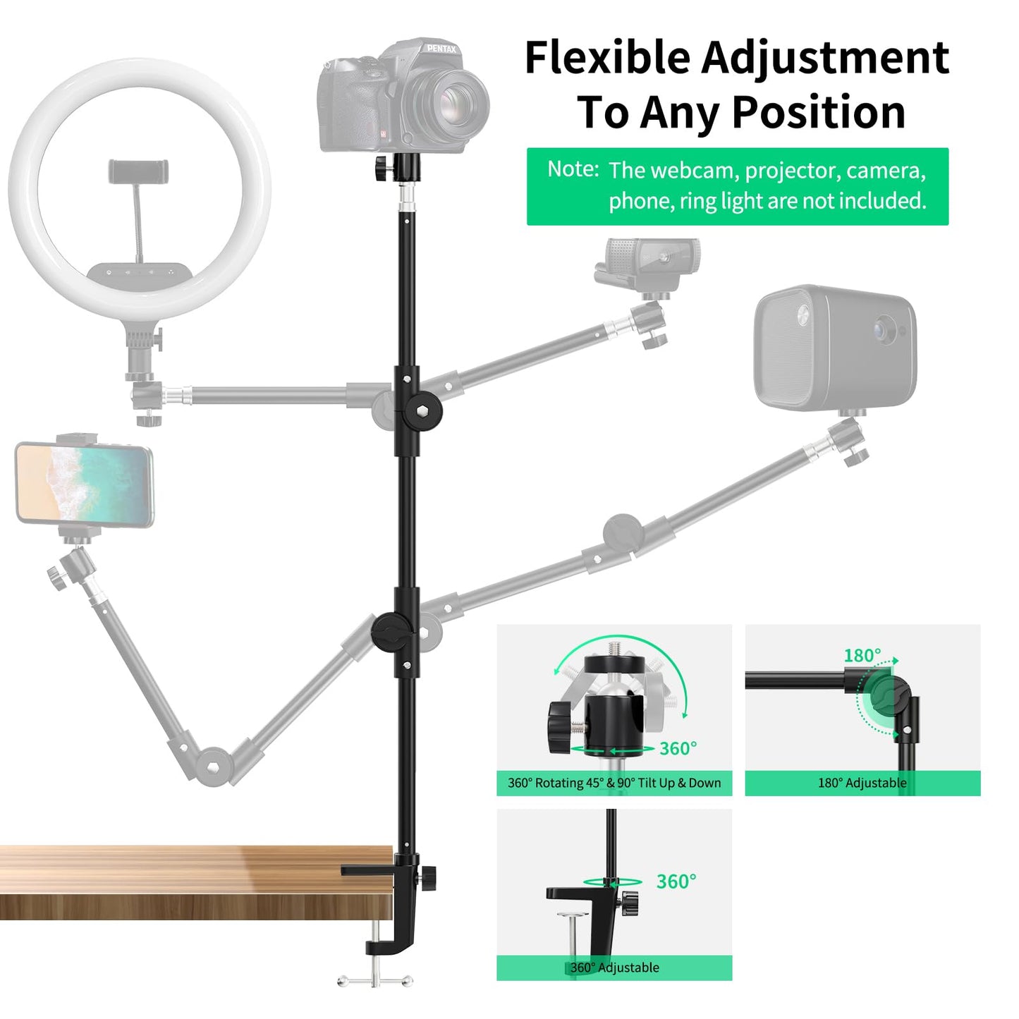 KDD Webcam Mount Camera Stand 55.1cm, with Phone Holder & 5/8" Screw, Light Stand Clamp 360° Gooseneck for Logitech C922 C930e C920 C925e C615 Brio 4K, GoPro Hero Blue Yeti