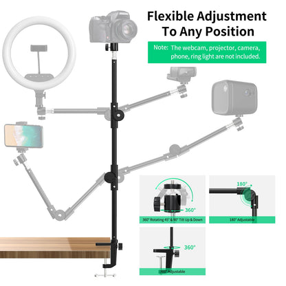 KDD Webcam Mount Camera Stand 55.1cm, with Phone Holder & 5/8" Screw, Light Stand Clamp 360° Gooseneck for Logitech C922 C930e C920 C925e C615 Brio 4K, GoPro Hero Blue Yeti