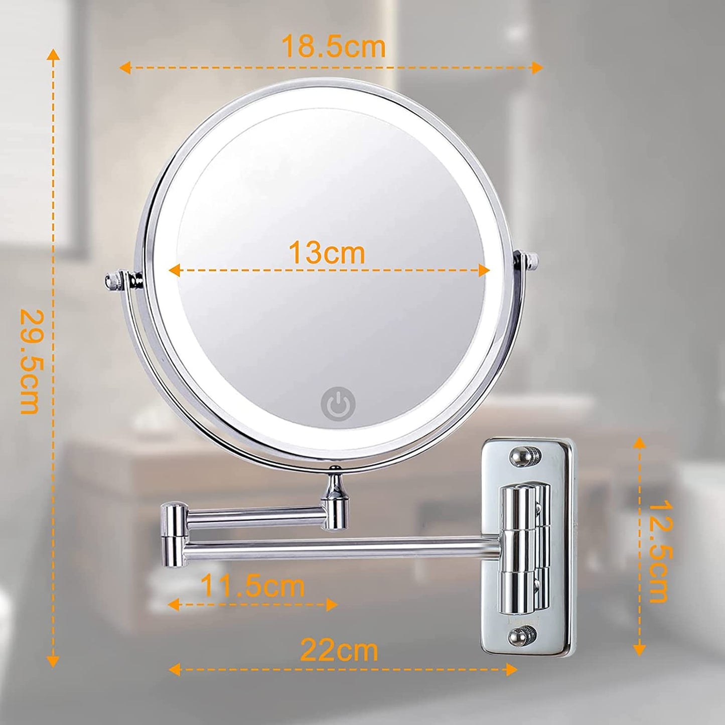 AUPERTO LED Lighted Makeup Mirror - Wall-mounted makeup mirror with 1x/10x magnification, touch button adjustable light, 360° swivel wall mount, and USB rechargeable for bathroom.