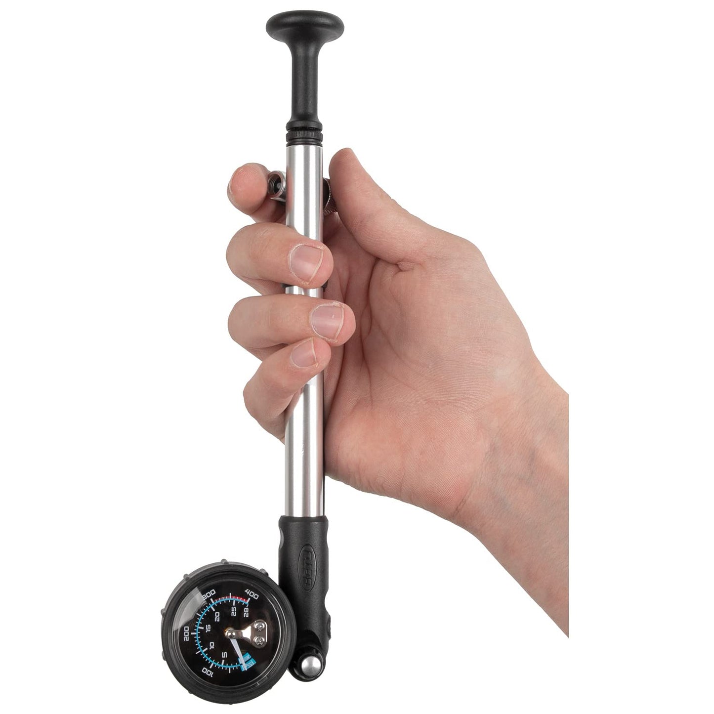 BETO bike pump, shock pump with gauge and release valve, hand pump, 400psi/28bar, AV/auto valve/Schrader valve/American valve, silver/black.