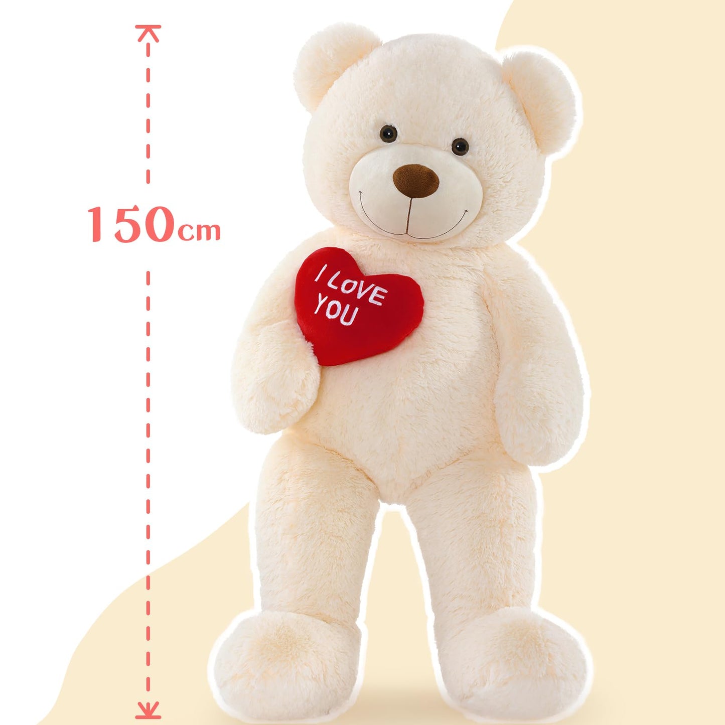 MorisMos 150cm giant Teddy bears with heart, beige large teddy bear XXL plush toy, cuddly plush bear XXXL, Valentine's Day birthday love gift partner wife mother children girlfriend