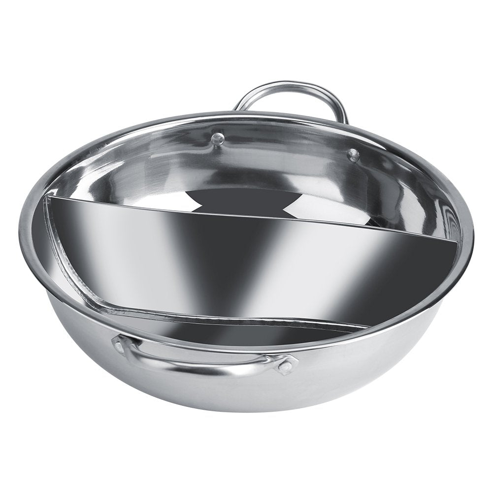Chinese Hot Pot, Two Room Shabu-Shabu Stainless Steel Pot Deep Pot for 4-5 people, used with induction cooker/gas stove/electric oven/ceramic hob - Silver (34cm)