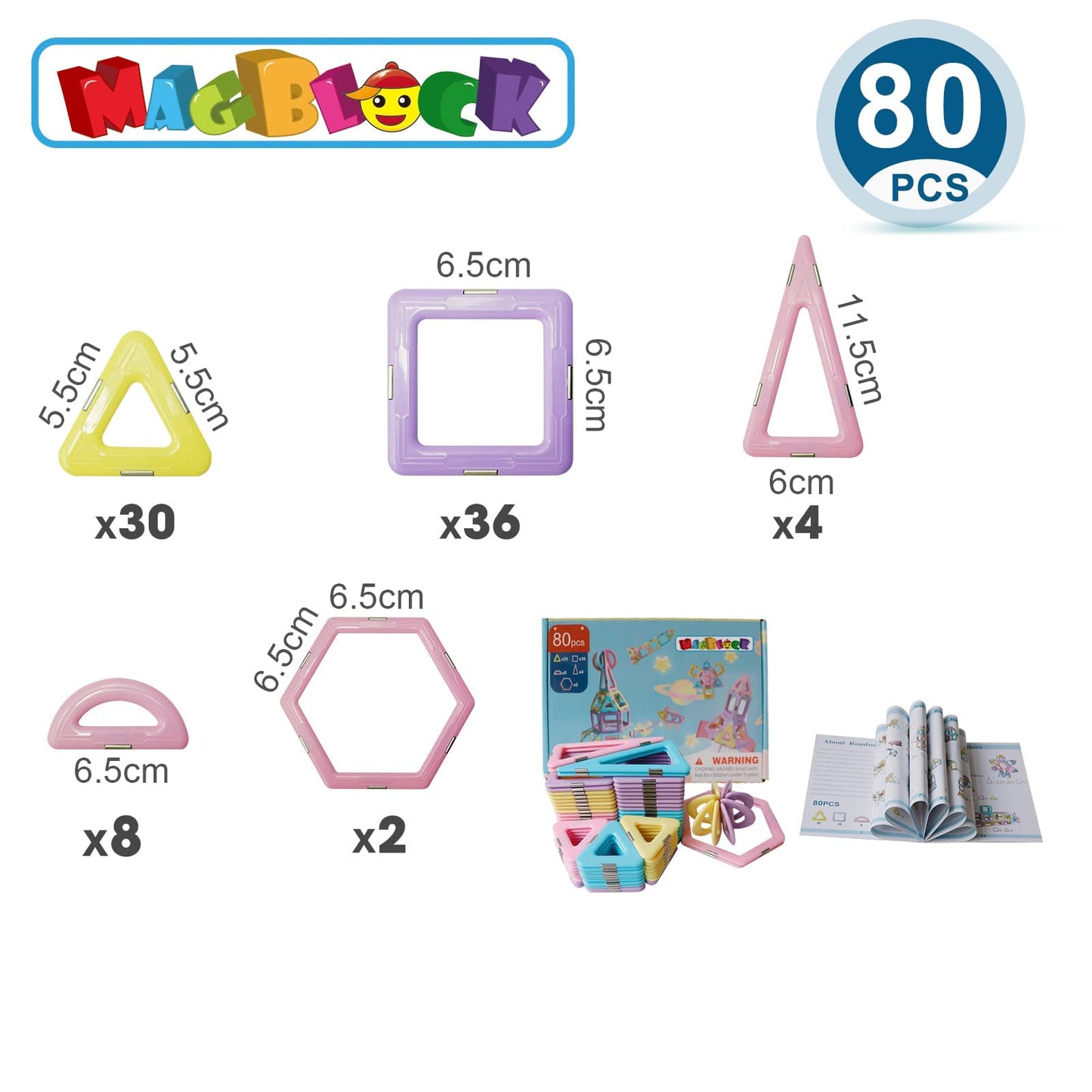 Magblock Magnetic Building Blocks - Magnet Construction Build Blocks Kids Gift Toy for Boys and Girls 3 4 5 6 7 8 years old (80 Pieces)