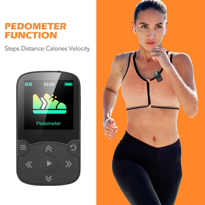 AGPTEK MP3 Player Bluetooth 5.3 Sport 32GB with 1.5 inch TFT color screen, Mini Music Player with clip, supports up to 128GB TF card, with volume button, FM radio, pedometer, Black.