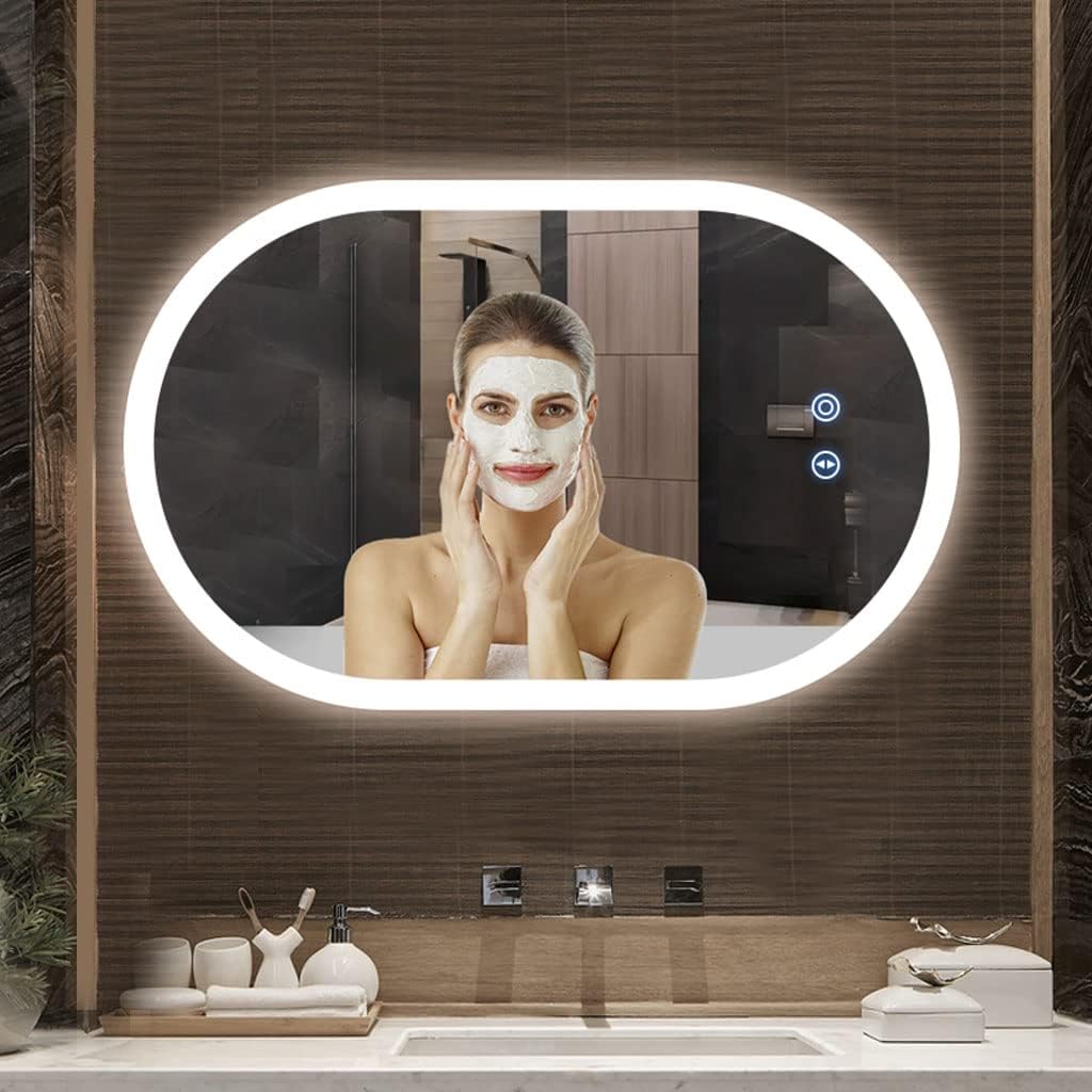 YOLEO bathroom mirror with lighting oval, dimmable 70x50cm, fog-free wall mirror with touch switch, 3 light colors, 6500K.