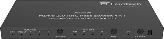 FineTech VAX04100 HDMI 2.0 ARC Pass Switch 4x1, for 3 HDMI sources, Soundbar and TV Beamer 4K@60Hz| HDR | 18Gbit/s | HDCP 2.2 Dolby Atmos