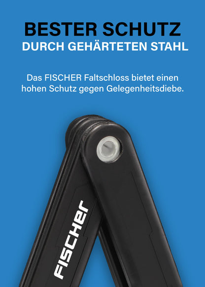 FISCHER Bike Folding Lock PROTEC PLUS FK110, high security with hardened special steel, includes holder and 3 keys, Length: 110cm, Black