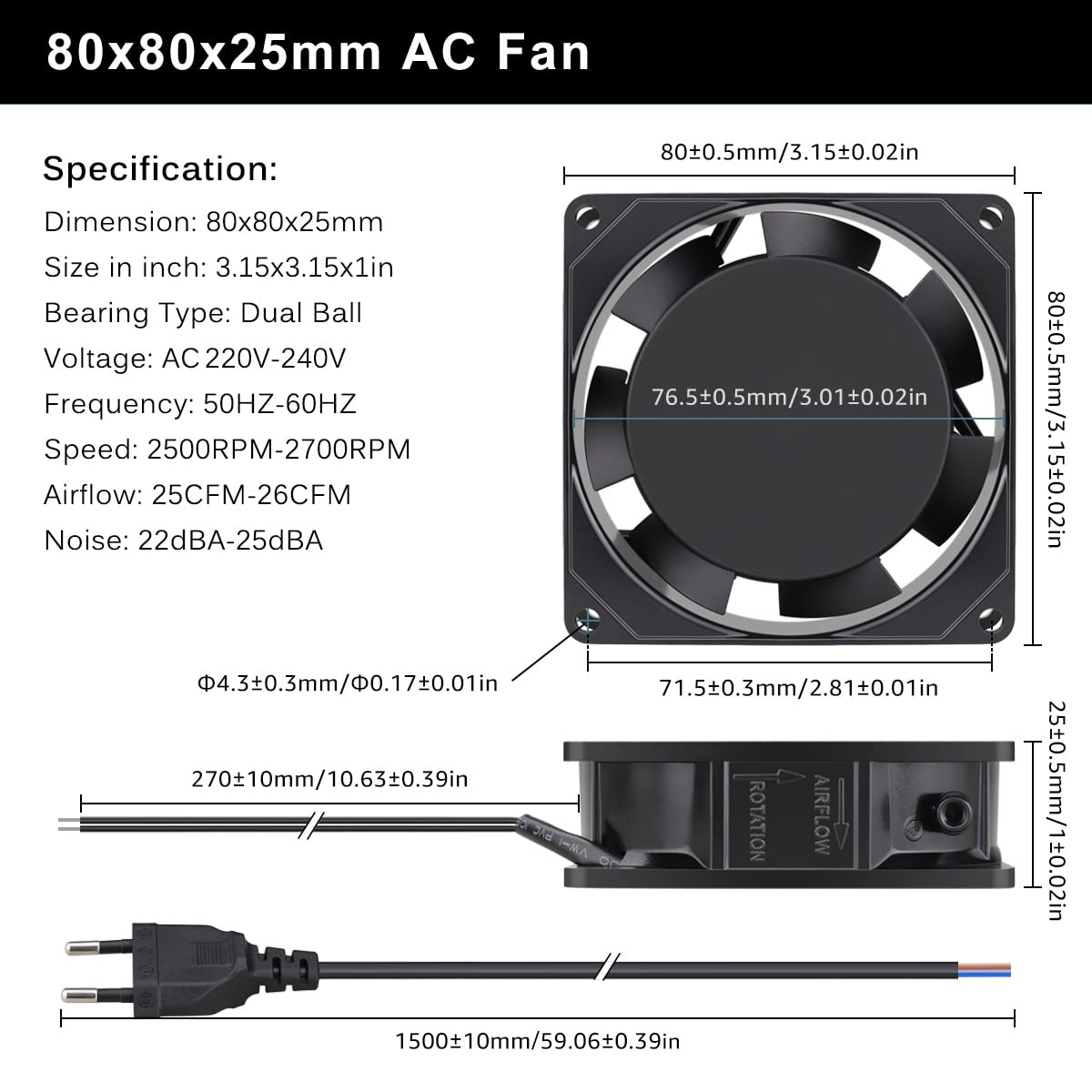 GDSTIME Fan 230V 80mm PC Fan 230V 80mm Dual Ball Bearing Mini fan 220v 80x80x25 AC Axial Fan 220v for PC server cabinet RV fridge inverter cooling ventilation exhaust