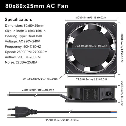 GDSTIME Fan 230V 80mm PC Fan 230V 80mm Dual Ball Bearing Mini fan 220v 80x80x25 AC Axial Fan 220v for PC server cabinet RV fridge inverter cooling ventilation exhaust