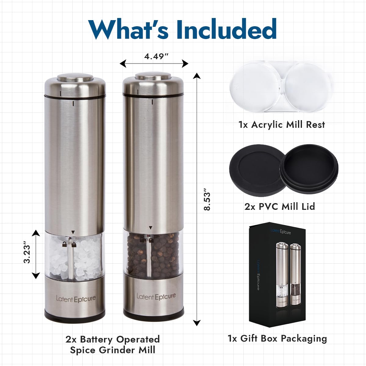 Salt and pepper mill set of 2 | Battery operated | LED light | Adjustable fineness | Includes FREE stand - by Latent Epicure