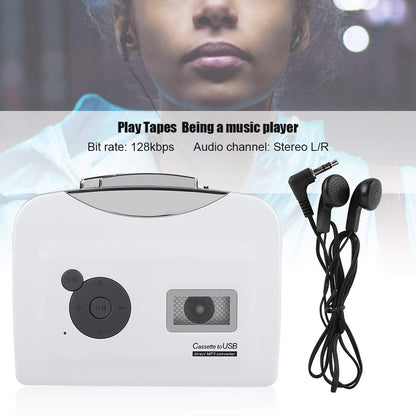 Standalone cassette player, USB cassette to MP3 converter directly onto USB disk audio music player with headphones.