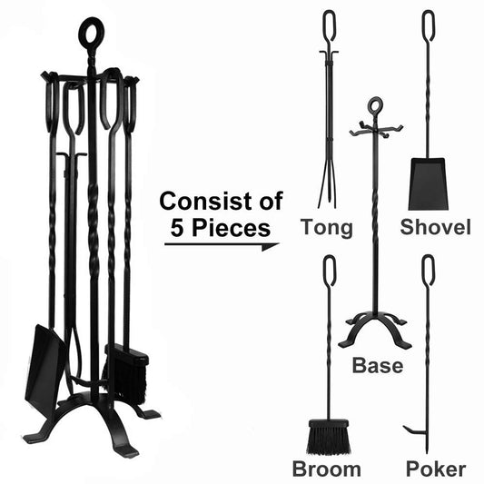 AMAGABELI 32" 5-piece fireplace tool set with wrought iron and interior fireplace accessories fireplace stand tongs shovel ash brush chimney poker black