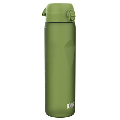 ion8 1 liter water bottle, 1000ml, leak proof, one-handed opening, secure locking, dishwasher safe, BPA-free, carrying handle, easy to clean, perfect for sports and gym, khaki green