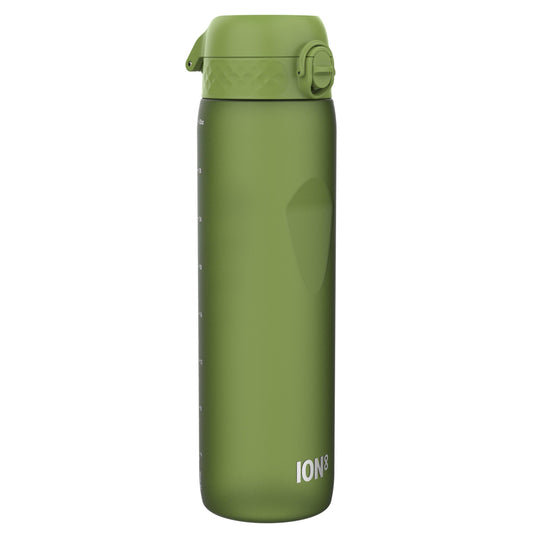 ion8 1 liter water bottle, 1000ml, leak proof, one-handed opening, secure locking, dishwasher safe, BPA-free, carrying handle, easy to clean, perfect for sports and gym, khaki green