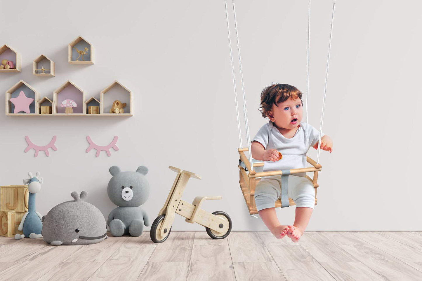 Wooden baby swing, children's swing made of wood, wooden baby bouncer, indoor baby swing, fabric baby seat, hanging baby swing, 4-in-1 safety harness, indoor/outdoor use (natural & light gray).