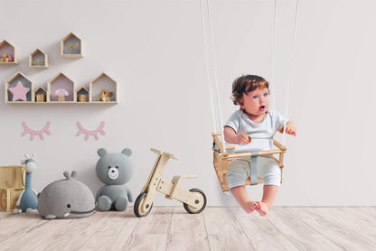 Wooden baby swing, children's swing made of wood, wooden baby bouncer, indoor baby swing, fabric baby seat, hanging baby swing, 4-in-1 safety harness, indoor/outdoor use (natural & light gray).