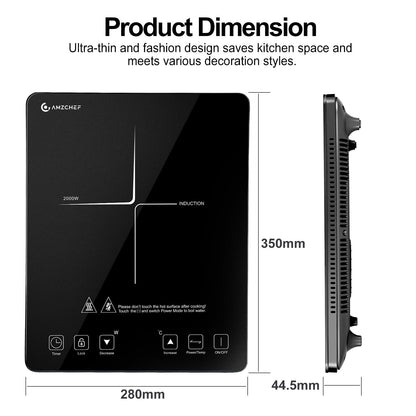 AMZCHEF Induction Cooktop, 2000W Single Induction Hob with slim design, 20 power levels, 20 temperature settings, safety lock, 3-hour timer, black