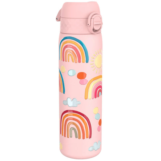 Ion8 Lightweight Steel Water Bottle 600ml Non-Insulated Leakproof One-Hand Opening Secure Lock Dishwasher Safe Flip Lid Carry Handle Easy to Clean, Rainbows