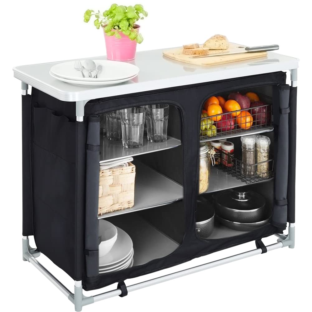 Warmiehomy Camping Kitchen Cabinet Foldable, Portable Camping Cabinet with Aluminum Frame & 1 Double Compartment, Mobile Outdoor Camping Kitchen Table for Picnic, Travel, Beach, Black, 100×50×80 cm