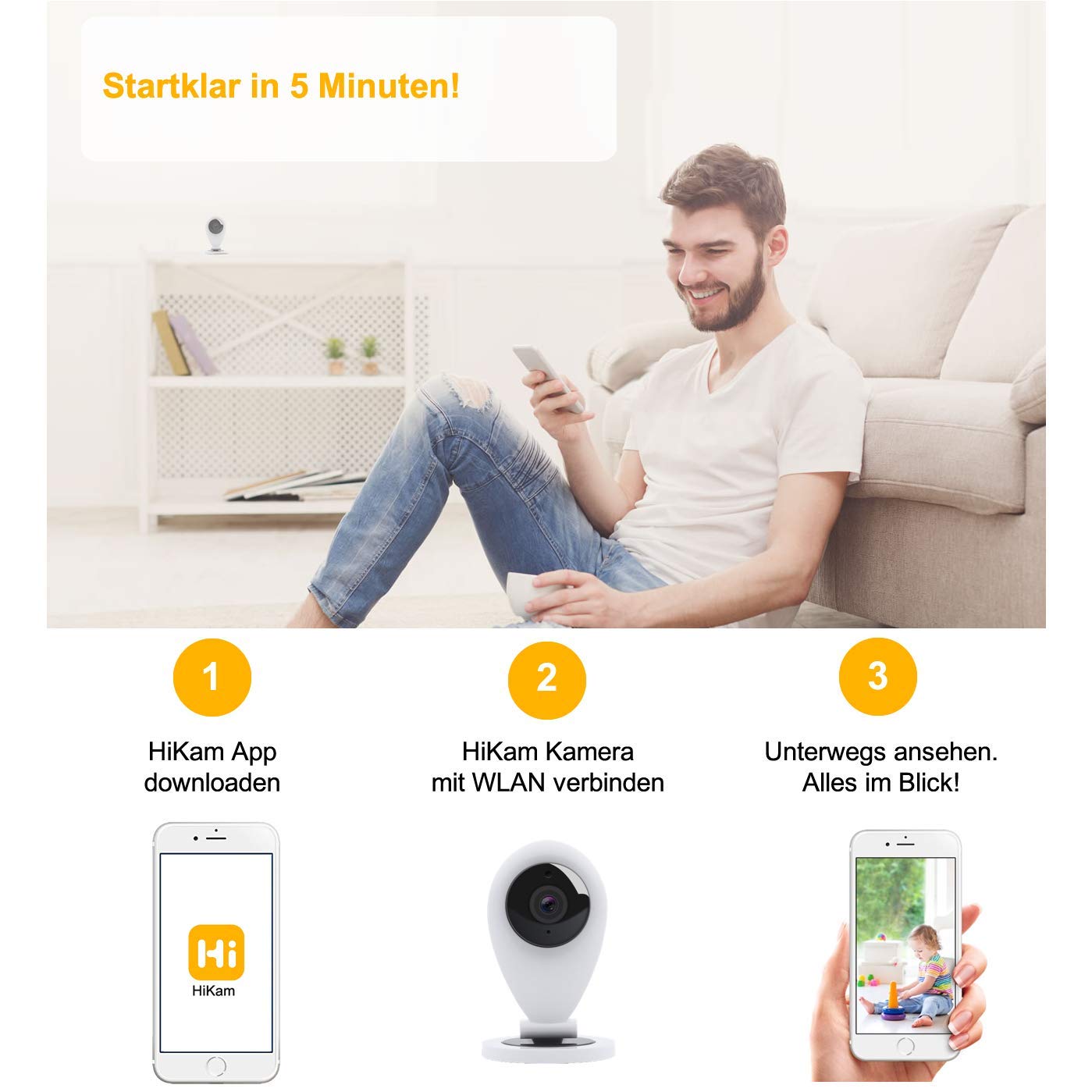 HiKam S6 surveillance camera with app and support - data backup and cloud storage in Germany | person detection | Alexa compatible | IP WiFi camera indoor | baby monitor | motion sensor | WiFi camera