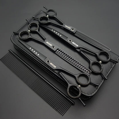 7.0 inch Professional Dog Grooming Scissors Set Straight & Thinning & Curved & Chunker & Comb 5 pieces in 1 set for left-handed & right-handed black