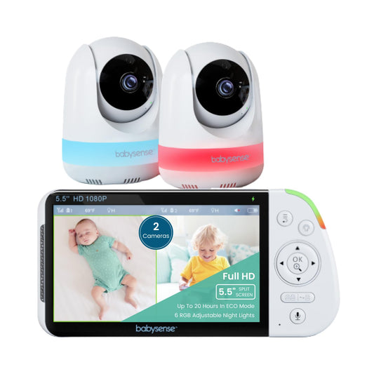 Babysense baby monitor with camera and 5.5-inch 1080p full HD split screen display, 2 cameras, RGB night light, 5000mAh large battery, 2-way audio, 4X zoom, no WiFi, Model: MaxView-2CAM