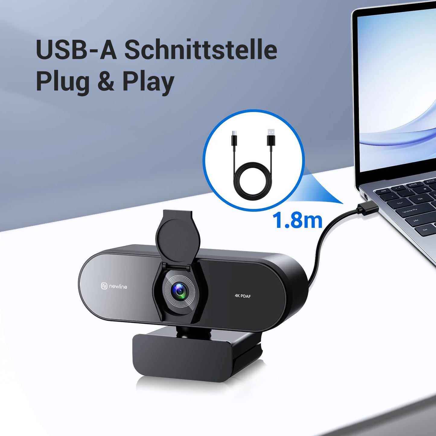 N newline 4k webcam with 2 microphones, 12 megapixels, instant dual PDAF/CDAF autofocus, 1080p@60FPS, clear stereo sound, automatic light correction, USB PC camera for Windows MacOS streaming.