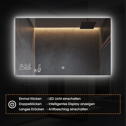 Goodbye cold LED bathroom mirror anti-fog 100x60CM, fog-free bathroom mirror with touch switch, wall mirror light mirror with date, smart mirror & integrated weather station, horizontal.