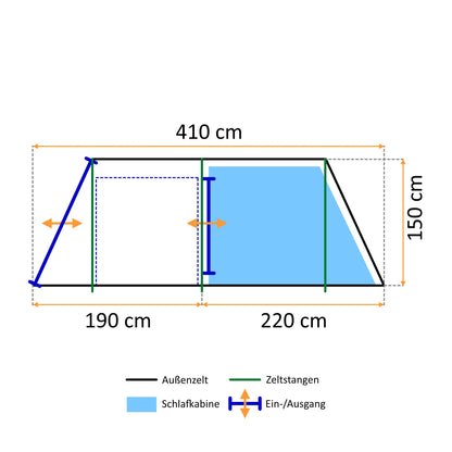 CampFeuer Tent Super+ for 4 persons | Olive green/Black | XXL tunnel tent with 2 entrances and awning, 3000 mm water column | Tent with vestibule and groundsheet, group tent, camping tent family tent