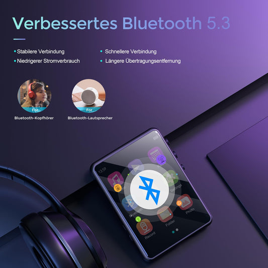 64GB MP3 player with Bluetooth 5.3, HiFi lossless sound music player, 2.4 inch color screen portable MP3 player with FM radio, HD speaker, e-book, recorder, up to 128GB TF card.